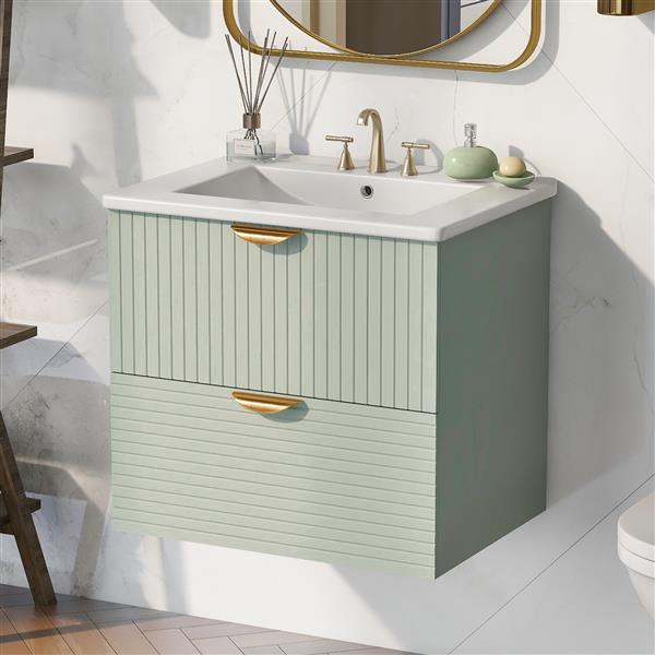 Modern 24-Inch Wall-Mounted Bathroom vanity with 2 Drawers, Green - Ideal for Small Bathrooms