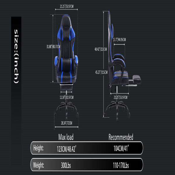 Video Game Chairs for Adults, PU Leather Gaming Chair with Footrest, 360°Swivel Adjustable Lumbar Pillow Gamer Chair, Comfortable Computer Chair for Heavy People, Blue