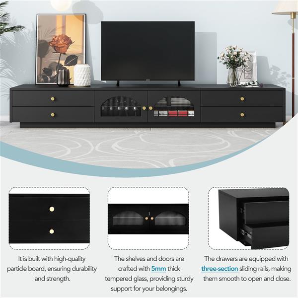 Luxurious TV Stand with Fluted Glass Doors, Elegant and Functional Media Console for TVs Up to 95'', Tempered Glass Shelf TV Cabinet with Multiple Storage Options, Black