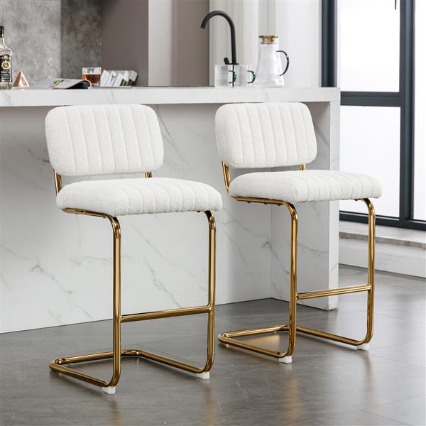 Mid-Century Modern Counter Height Bar Stools for Kitchen Set of 2, Armless Bar Chairs with Gold Metal Chrome Base for Dining Room, Upholstered Fabric Counter Stools,Ivory