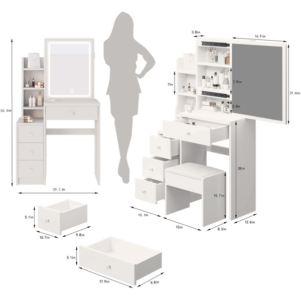 Small Space Left Bedside Cabinet Vanity Table + Cushioned Stool, Extra Large Right sliding mirror, Multi Layer High Capacity Storage, Practical Fashionable Dresser, Suitable for Girls Up to 5.6ft Tall