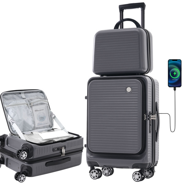 Carry-on Luggage 20 Inch Front Open Luggage Lightweight Suitcase with Front Pocket and USB Port, 1 Portable Carrying Case