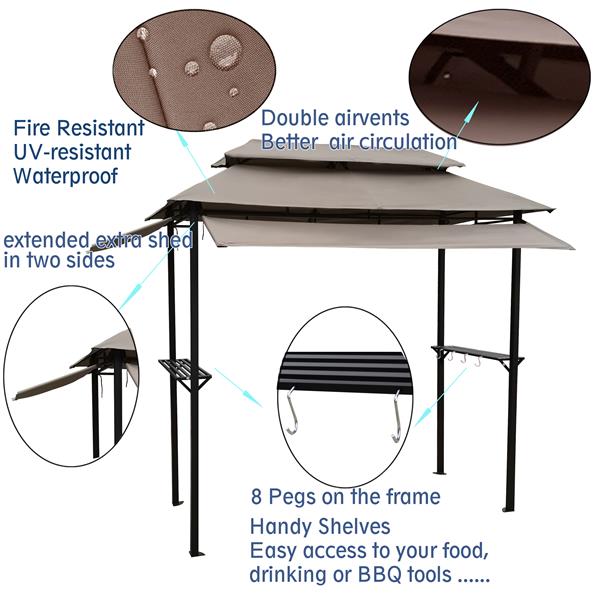 8x4ft Grill Gazebo,metal gazebo with Soft Top Canopy and Steel Frame with hook and Bar Counters,Mushroom fabric