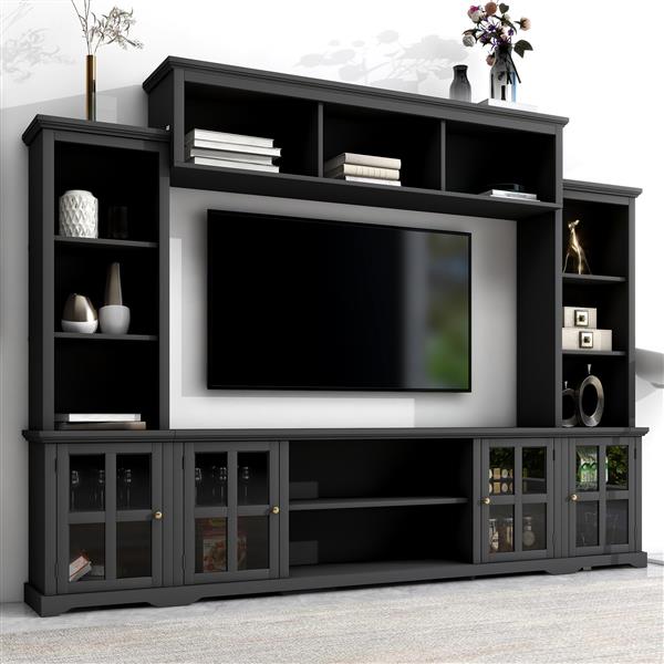 [VIDEO provided] Minimalism Entertainment Wall Unit with Bridge, Modern TV Console Table for TVs Up to 70", Multifunctional TV Stand with Tempered Glass Door, Black