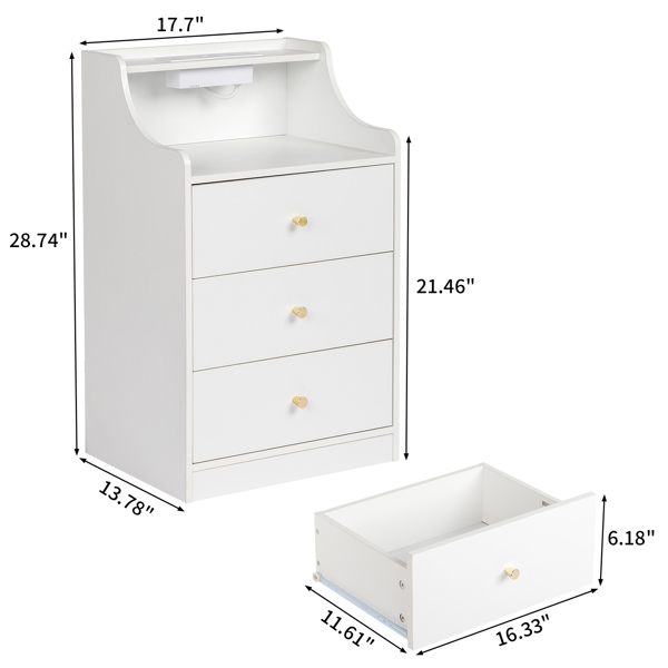 FCH white particleboard with triamine matt gold tapered handle 45*35*73cm three drawers with compartments bedside table 1 wireless + 2 USB ports + 2 US standard three-plug ports