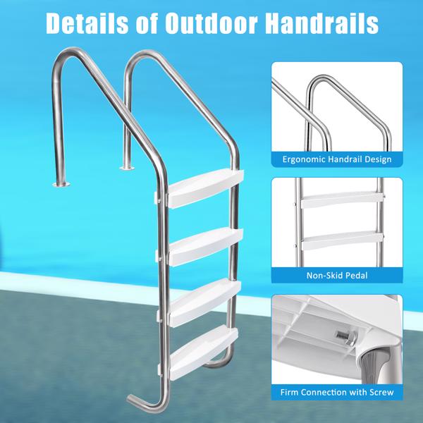 4 Step Swimming Pool Ladder, Stainless Steel Pool Steps for Inground Pools, Pool Stairs with Anti-Slip Plastic Pads, Easy to Assembly and Climb (InGround 4 Step Ladder)