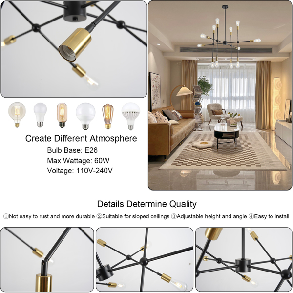 Modern Sputnik Chandelier, Mid Century Chandelier Light Fixture, Black and Gold Pendant Lighting for Living Room Bedroom Dining Room Farmhouse Kitchen