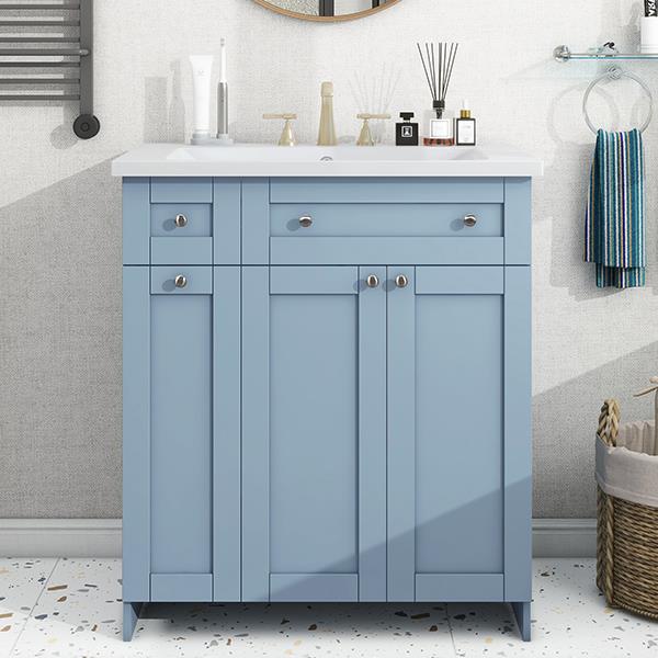 Modern 30-Inch Bathroom Vanity Cabinet with Easy-to-Clean Resin Integrated Sink in Blue