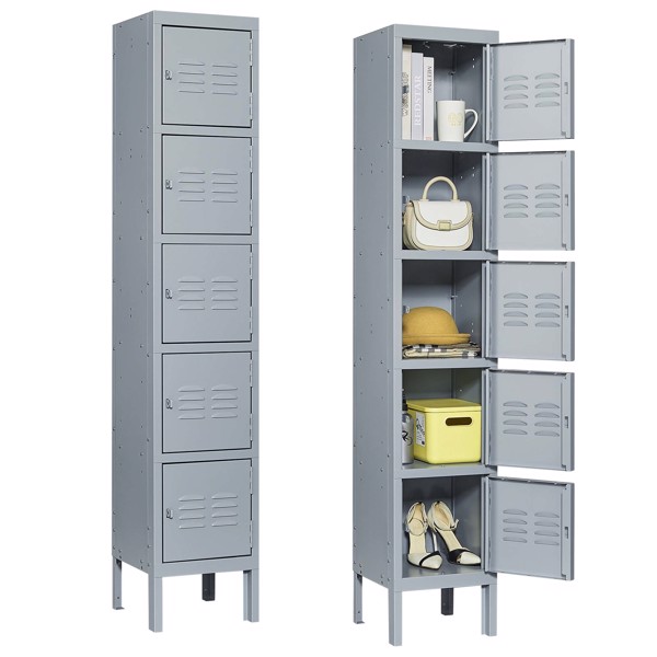 5 Door 66"H Metal Lockers With Lock for Employees,Storage Locker Cabinet for Home Gym Office School Garage,Gray