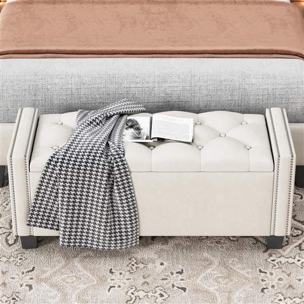 Upholstered Velvet Storage Bench for Bedroom, End of Bed Bench with Rivet Design, Tufted Foot Rest Stool,Beige