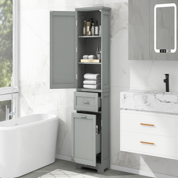 Tall Bathroom Storage Cabinet,  Storage Cabinet with Two Different Size Drawers and Adjustable Shelf, MDF Board with Painted Finish, Grey