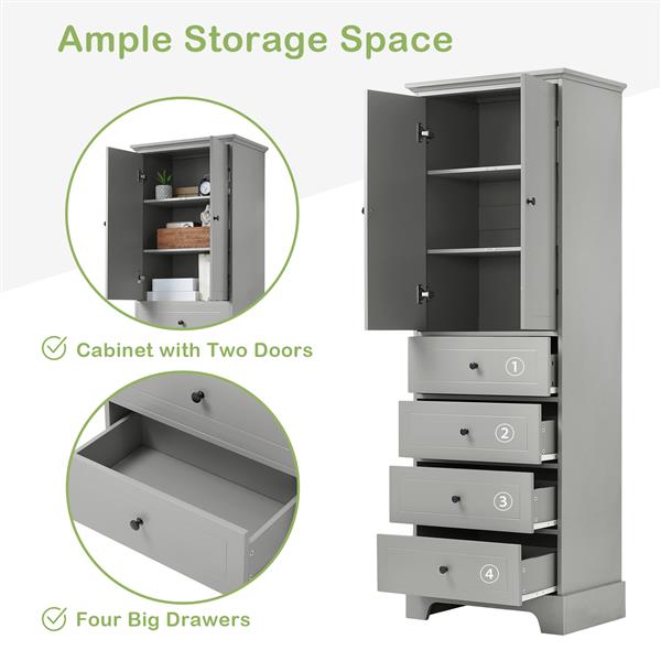 Storage Cabinet with 2 Doors and 4 Drawers for Bathroom, Office, Adjustable Shelf, MDF Board with Painted Finish, Grey