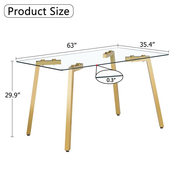 Modern minimalist style rectangular glass dining table with tempered glass tabletop and golden metal legs, suitable for kitchen, dining room, and living room, 63 inches * 35.4 inches * 30 inches