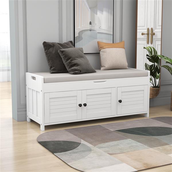 Storage Bench with 3 Shutter-shaped Doors, Shoe Bench with Removable Cushion and Hidden Storage Space