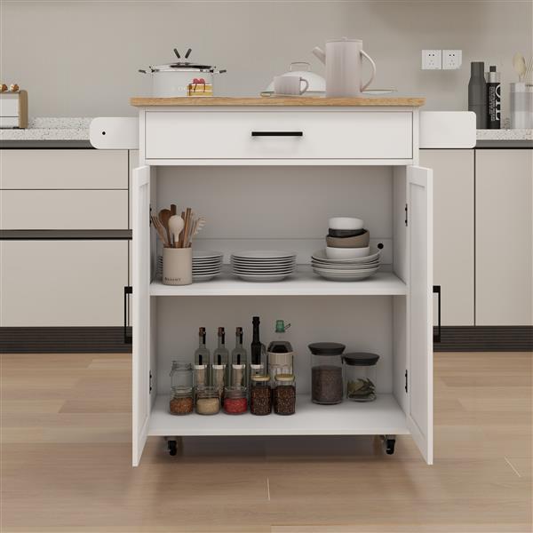 Kitchen island rolling trolley cart with Adjustable Shelves & towel rack & seasoning rack rubber wood table top-White