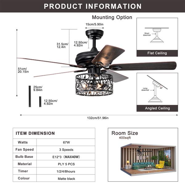 Farmhouse Industrial 52-inch Ceiling Fan (Optional Remote&2 Color Option Blades)  or Bedroom, Living Room, Dining Room