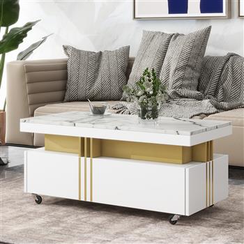 [VIDEO provided] Contemporary Coffee Table with Faux Marble Top, Rectangle Cocktail Table with Caster Wheels, Moderate Luxury Center Table with Gold Metal Bars for Living Room, White