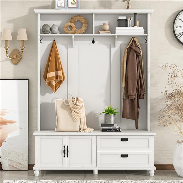 [VIDEO provided] Modern Style Hall Tree with Storage Cabinet and 2 Large Drawers, Widen Mudroom Bench with 5 Coat Hooks, White