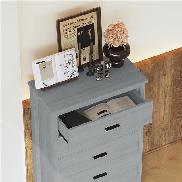 Retro American Country Style Wooden Dresser with 5 Drawer, Storage Cabinet for Bedroom, Light Gray