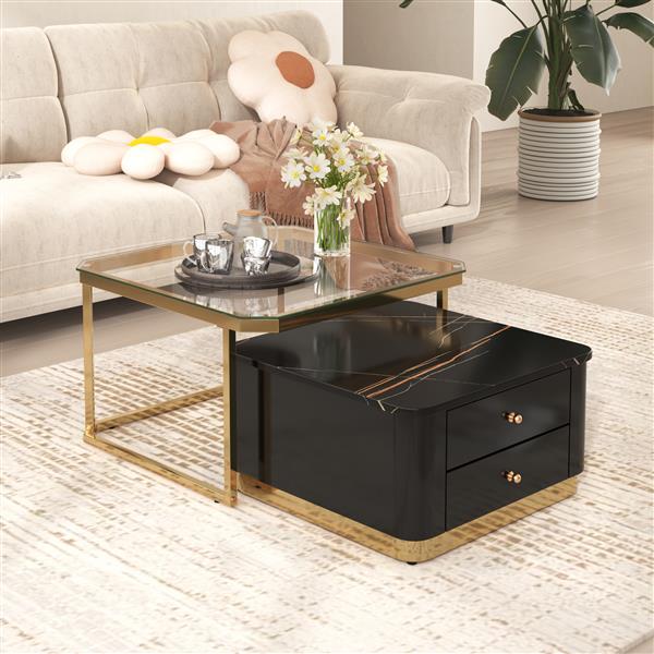 Modern 2 Pieces Black  Square Nesting  Coffee Table with Drawers & Electroplated gold legs in 27.6''