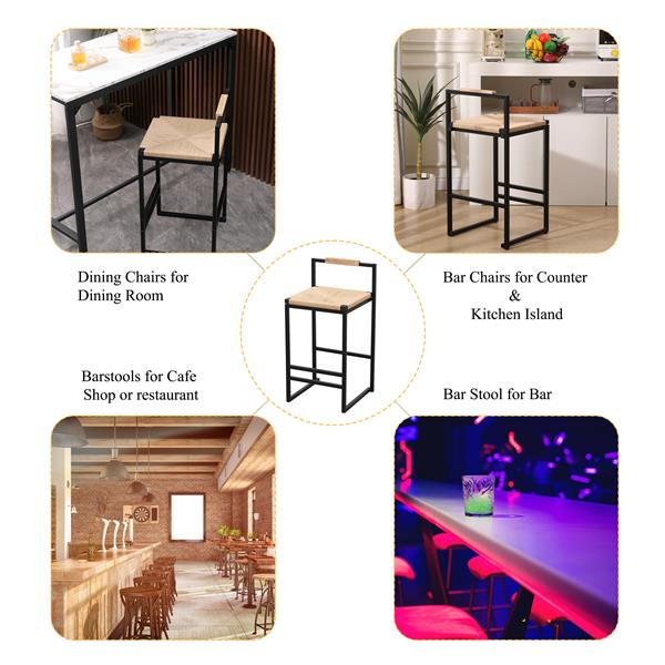 Set of 2 Bar Stools with Back  Paper Rope Woven Counter Height Dining Chairs for Kitchen, Home (Paper Rope with Back)