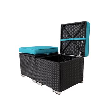 2-Pieces Patio Rattan Ottomans，All-Weather Rattan Wicker Multipurpose Outdoor Furniture for Patio, Backyard, Additional Seating, Footrest, Side Table w/Storage, Removable Cushions 