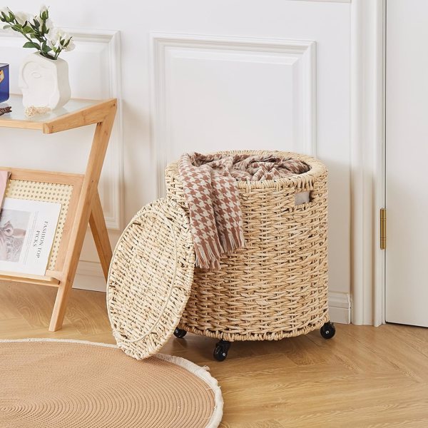 Vintage Storage Basket, Multipurpose Rolling Hamper With Brakable Wheels and Lid, Braid Laundry Bin, Handwave Clothes Toy Organizer Tote for Living Room