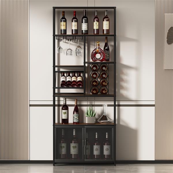 82.7" Industrial Standing Wine Rack with Glass Rack Tall  Floor Bar Cabinet