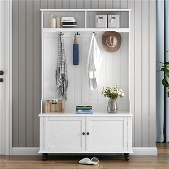 Hall Tree with 4 Hooks , Coat Hanger, Entryway Bench, Storage Bench, 3-in-1 Design, 40INCH, for Entrance, Hallway (White)