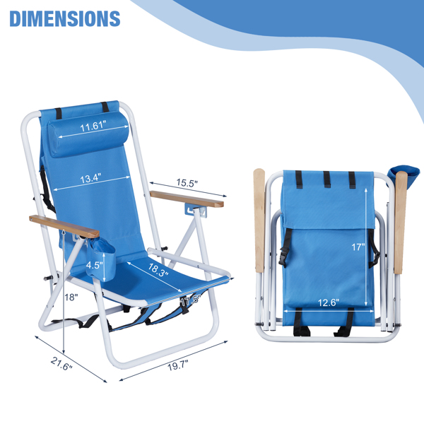 Folding Beach Chair Set of 2 for Adults, 4 Position Portable Backpack Foldable Camping Chair with Headrest Cup Holder and Wooden Armrests, Blue(Same as 53764266 )