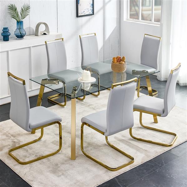 Modern minimalist style rectangular glass dining table with tempered glass tabletop and golden metal legs, suitable for kitchen, dining room, and living room, 63 inches * 35.4 inches * 30 inches