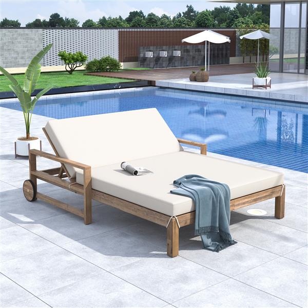 1-Piece Farmhouse-styled Wooden Outdoor Sunbed for Ultimate Relaxation Outdoor Daybed Seating 2 People for Poolside, Garden and Backyard (Beige)