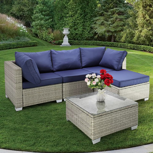 Patio Furniture Set 5 Pieces Wicker Outdoor Conversation Set All-Weather Sectional Patio Sofa with Water Resistant Thick Cushions and Coffee Table for Garden,  No reason returns are supported