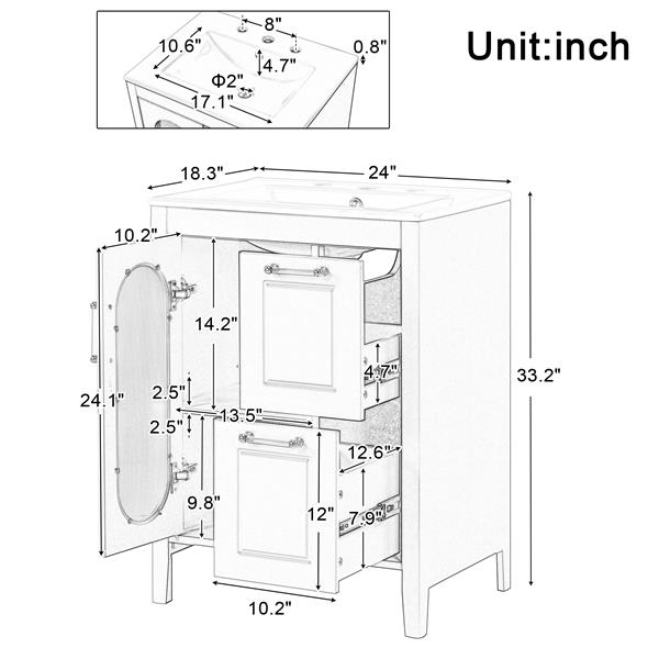 24" Bathroom Vanity with Sink, Bathroom Vanity Cabinet with Two Drawers and Door, Adjustable Shelf, Solid Wood and MDF, Grey