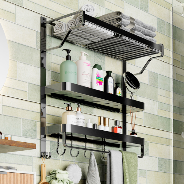 Triple Tier Towel Rack Wall Mounted with Large Storage Basket Dual Floating Shelves 24" Rod Bars 7 Hooks,Towel Holder Organizer for Hotel, Lavatory,Bathroom, Restroom