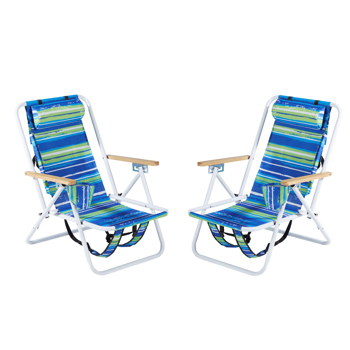 Folding Beach Chair Set of 2 for Adults, 4 Position Portable Backpack Foldable Camping Chair with Headrest Cup Holder and Wooden Armrests, Blue & Green Stripes