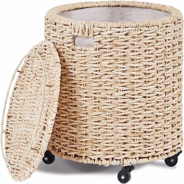 Vintage Storage Basket, Multipurpose Rolling Hamper With Brakable Wheels and Lid, Braid Laundry Bin, Handwave Clothes Toy Organizer Tote for Living Room