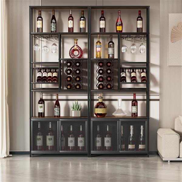 82.7" Industrial Standing Wine Rack with Glass Rack Tall  Floor Bar Cabinet