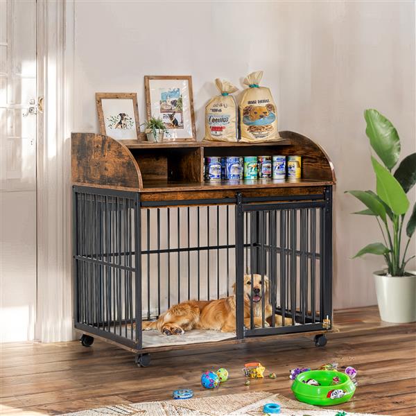 38'' Heavy Duty Dog Crate Furniture for Medium Dog with Lockable Wheels, Wooden Dog Crate Dog Kennel, End Table Crate with Double layer storage, Brown