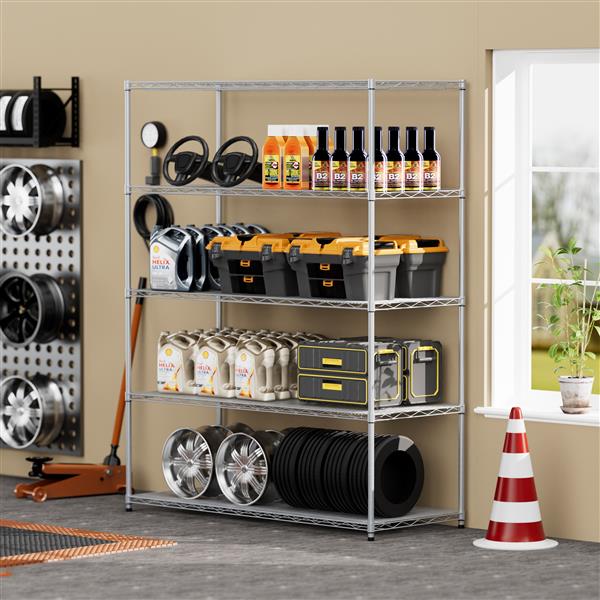 5-tier heavy-duty adjustable shelving and racking, 300 lbs. per wire shelf, with wheels and shelf liners, for warehouses, supermarkets, kitchens, etc. 59.45 "L × 24.02 "W × 71.65 "H,Gray