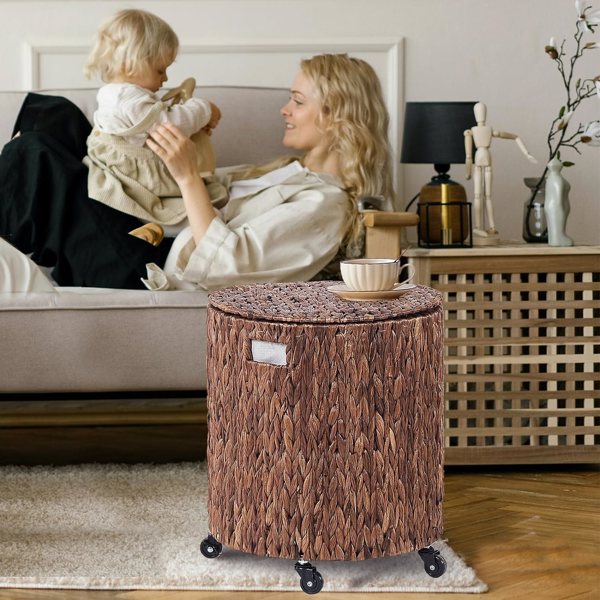 Vintage Storage Basket, Multipurpose Rolling Hamper With Brakable Wheels and Lid, Braid Laundry Bin, Handwave Clothes Toy Organizer Tote for Living Room