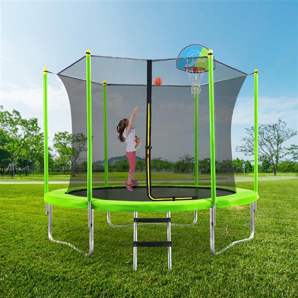 10FT Trampoline for Kids with Safety Enclosure Net, Basketball Hoop and Ladder, Easy Assembly Round Outdoor Recreational Trampoline