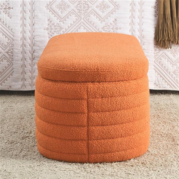 [Video]  Length 45.5 inchesStorage Bench Upholstered Fabric Storage Bench End of Bed Stool with Safety Hinge for Bedroom, Living Room, Entryway, orange teddy.