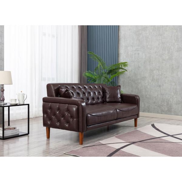 Brown PU Leather Sponge Sofa, Indoor Sofa, Removable Wooden Feet, Tufted Buttons