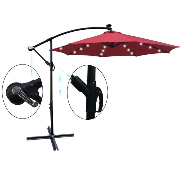 10 ft Outdoor Patio Umbrella Solar Powered LED Lighted 8 Ribs Umbrella with Crank and Cross Base for Garden  Outside Deck Swimming Pool