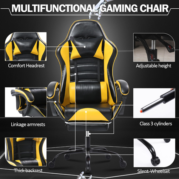 Computer Gaming Chairs with Footrest, Ergonomic Gaming Computer Chair for Adults, PU Leather Office Chair Adjustable Desk Chairs with Wheels, 360°Swivel Big and Tall Gamer Chair, Yellow