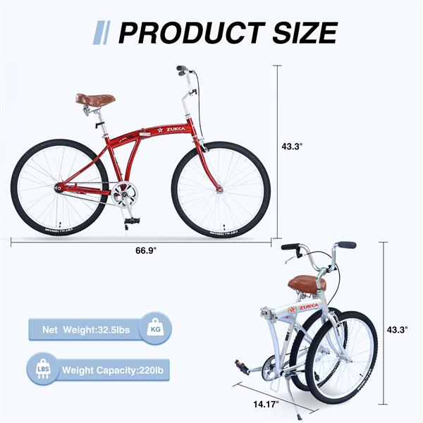 Single Speed Folding Bicycles,  Multiple Colors 26"Inch  Beach Cruiser Bike