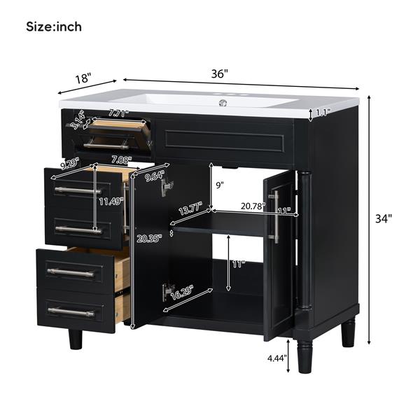 36'' Bathroom Vanity with Top Resin Sink,  Bathroom Storage Cabinet with 2 Drawers and a Tip-out Drawer, Solid Wood Frame Vanity Set, Height Adjustable Shelf