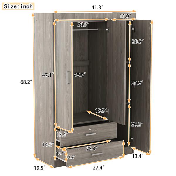 3-Door Mirror Wardrobe with shelves, Gray