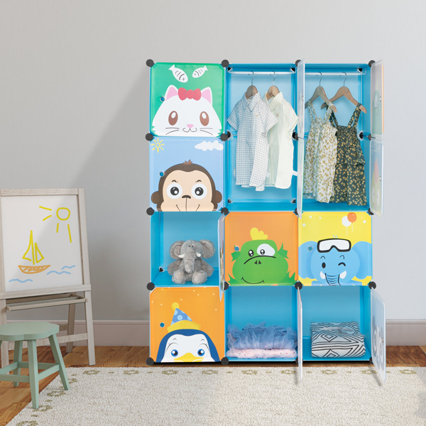 4-Layer 12-Grid 2-Hanging Rod Magic Cube Wardrobe, Plastic + Steel Wire Material with Animal Pattern, Pattern Door Blue Cabinet